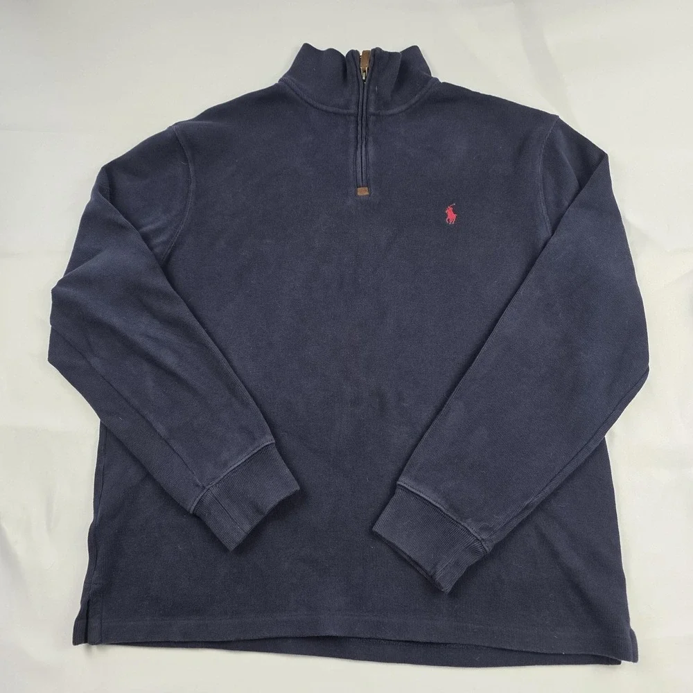 Polo Ralph Lauren Sweater Mens Large Blue Cotton 1/4 Zip Mock Neck Pullover